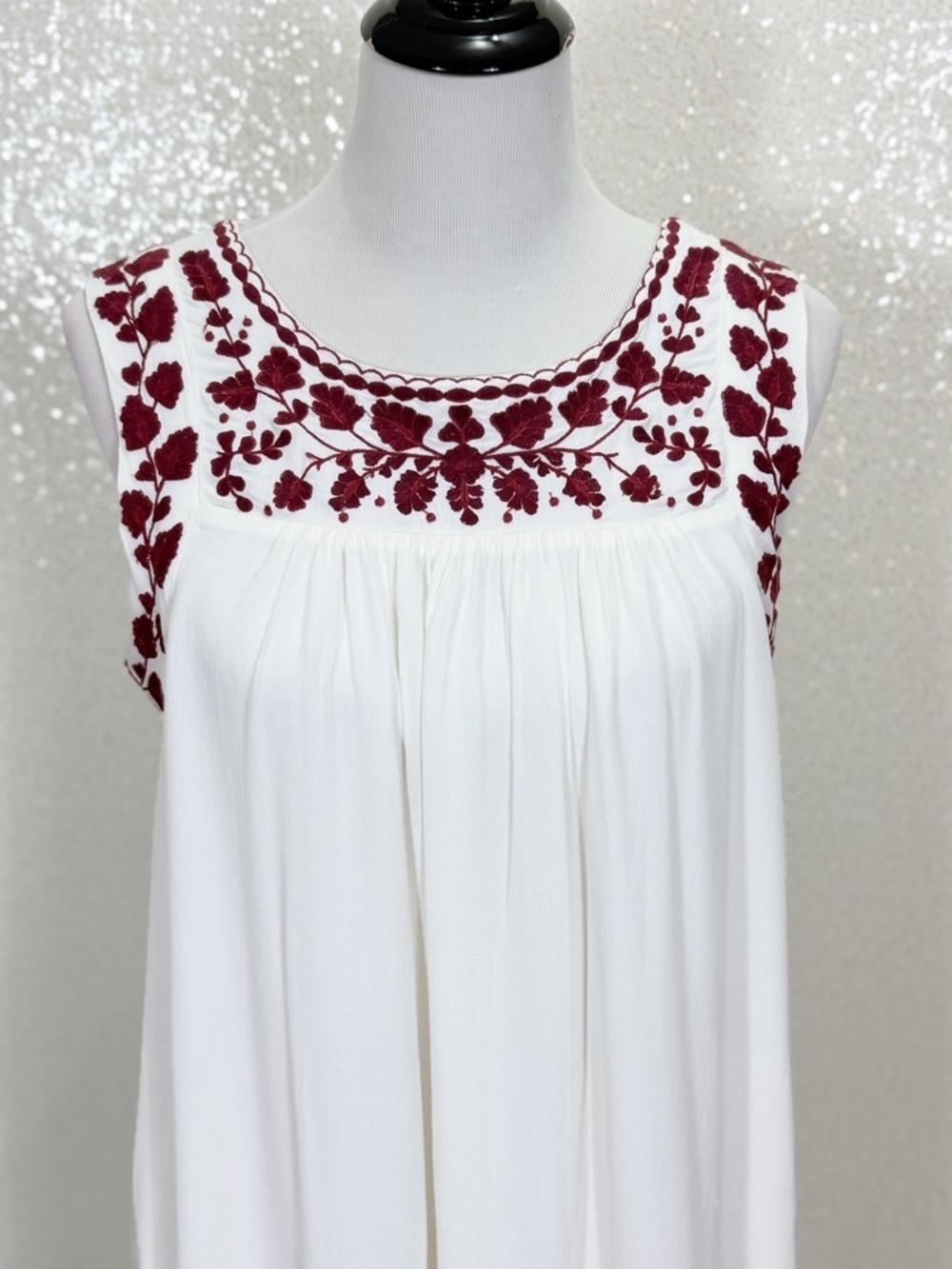 Lucky Brand White Embroidered Dress Boho Tunic Shift maroon embroidered floral - Picture 6 of 16